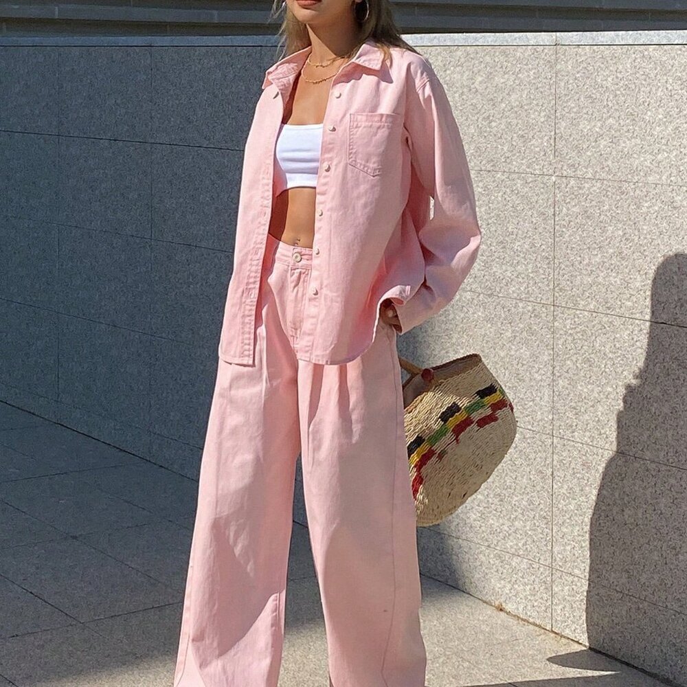 Pink Casual Women's Collared Loose Shirt & Straight-Leg Denim Pants Set - Picture 3 of 7
